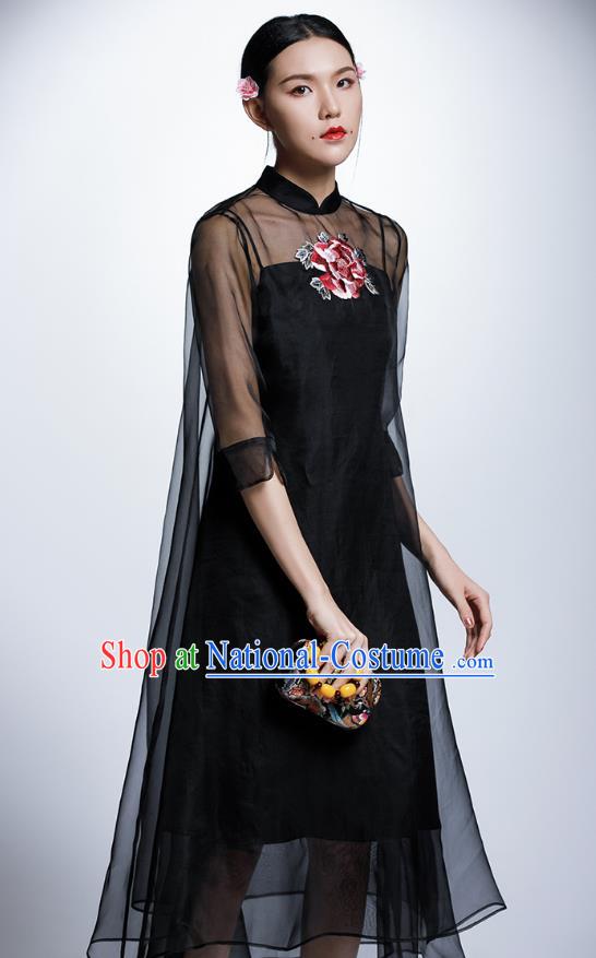 Chinese Traditional Embroidered Peony Black Cheongsam China National Costume Tang Suit Qipao Dress for Women