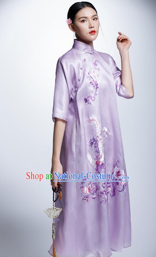 Chinese Traditional Costume Embroidered Purple Cheongsam China National Tang Suit Qipao Dress for Women