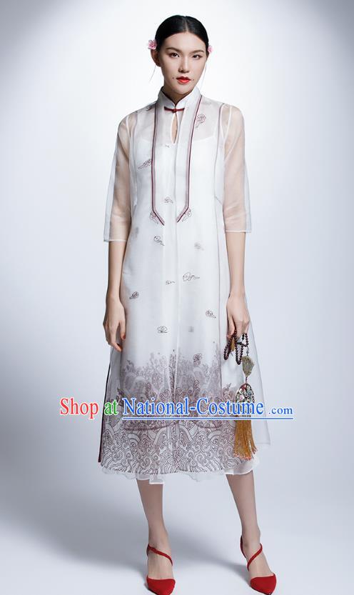 Chinese Traditional Costume White Cheongsam China National Tang Suit Qipao Dress for Women