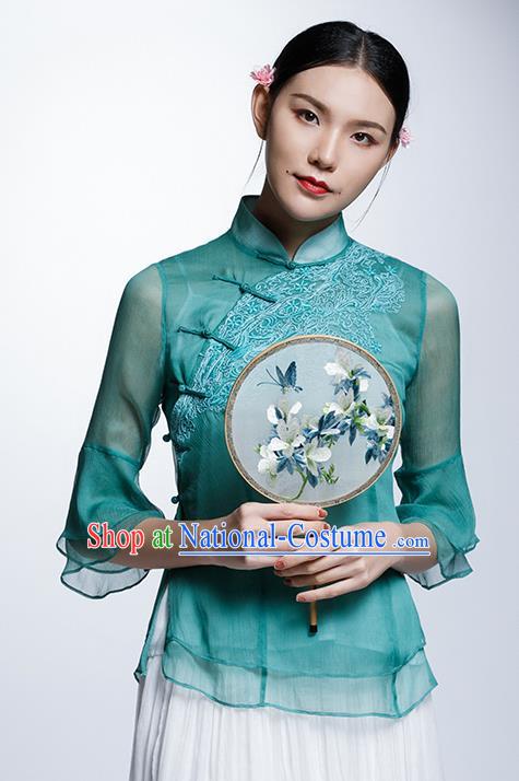 Chinese Traditional Costume Embroidered Green Organza Cheongsam Blouse China National Upper Outer Garment Shirt for Women