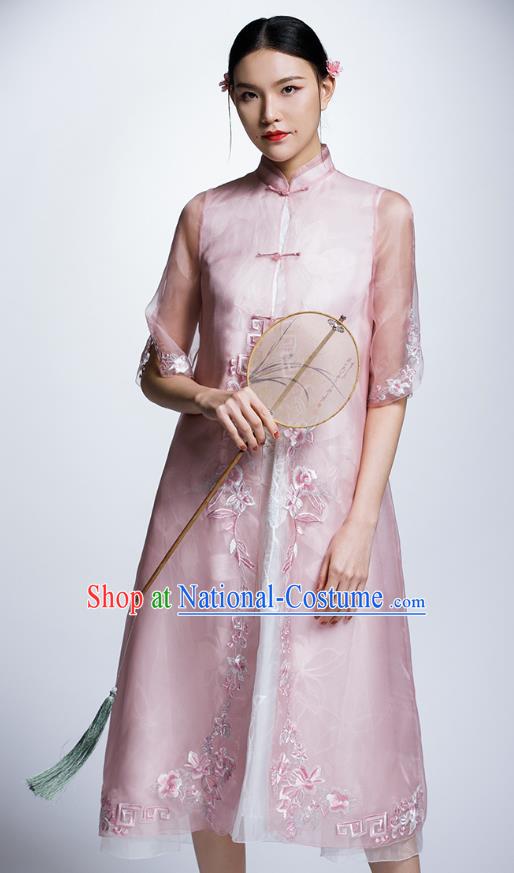 Chinese Traditional Costume Embroidered Flowers Pink Cheongsam China National Tang Suit Qipao Dress for Women