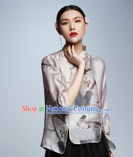 Chinese Traditional Costume Ink Painting Silk Cheongsam Blouse China National Upper Outer Garment Shirt for Women