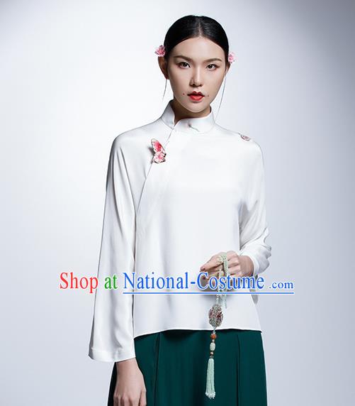 Chinese Traditional Costume White Cheongsam Blouse China National Upper Outer Garment Shirt for Women