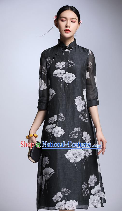 Chinese Traditional Tang Suit Printing Peony Black Cheongsam China National Qipao Dress for Women