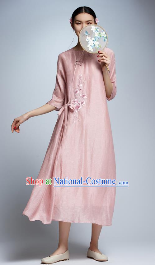 Chinese Traditional Tang Suit Embroidered Pink Cheongsam China National Qipao Dress for Women