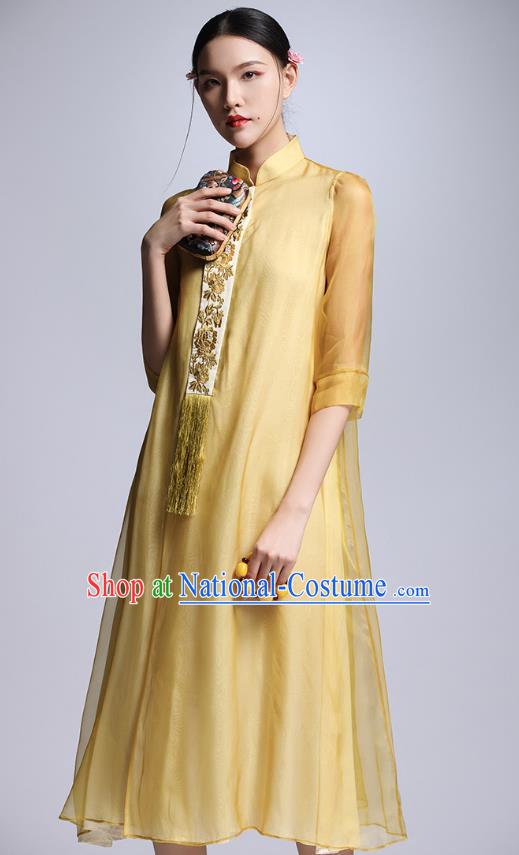 Chinese Traditional Tang Suit Embroidered Yellow Cheongsam China National Qipao Dress for Women