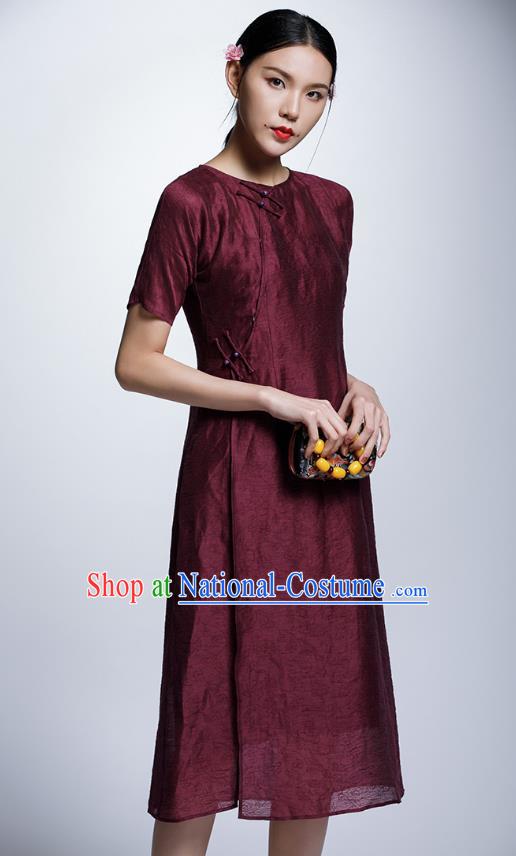 Chinese Traditional Wine Red Cheongsam China National Costume Tang Suit Qipao Dress for Women