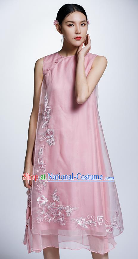 Chinese Traditional Embroidered Flowers Pink Cheongsam China National Costume Tang Suit Qipao Dress for Women