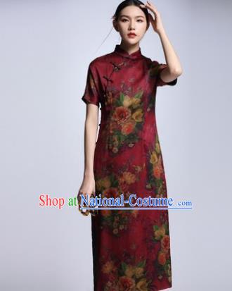 Chinese Traditional Tang Suit Printing Peony Cheongsam China National Qipao Dress for Women