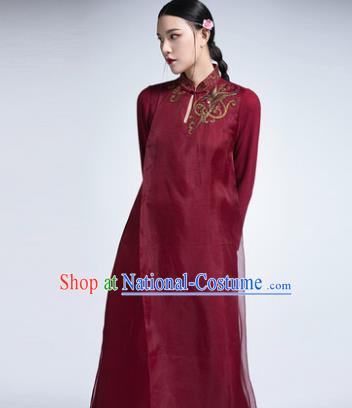 Chinese Traditional Tang Suit Embroidered Wine Red Cheongsam China National Qipao Dress for Women