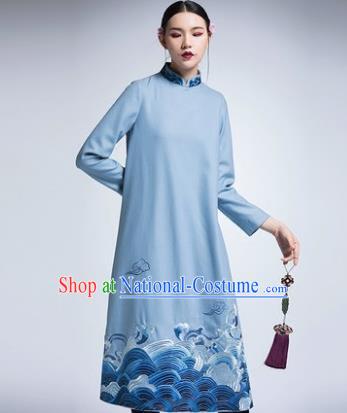 Chinese Traditional Tang Suit Blue Woolen Cheongsam China National Qipao Dress for Women