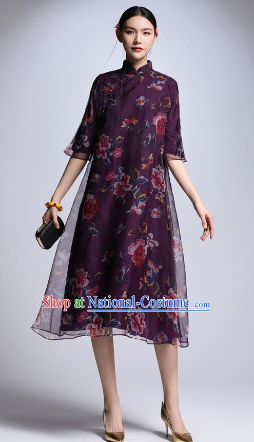 Chinese Traditional Tang Suit Printing Peony Purple Cheongsam China National Qipao Dress for Women