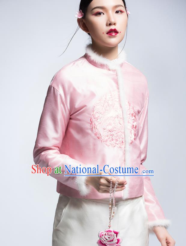 Chinese Traditional Tang Suit Pink Cotton-Padded Jacket China National Upper Outer Garment Cheongsam Shirt for Women