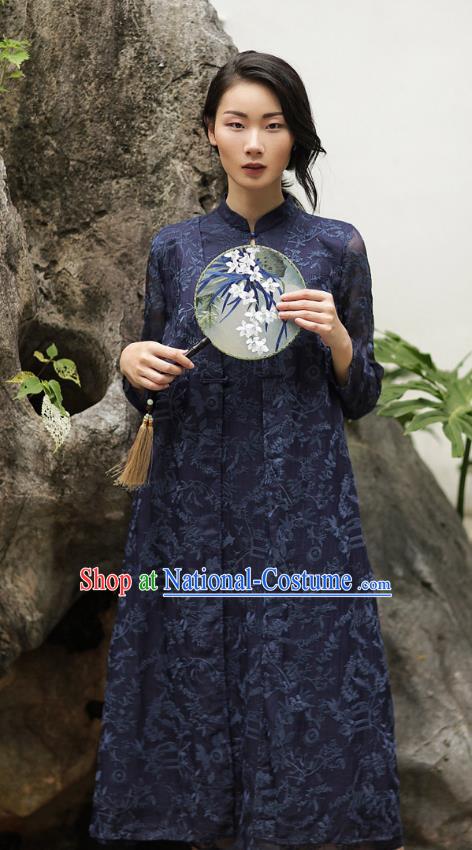 Chinese Traditional Tang Suit Embroidered Navy Cheongsam China National Qipao Dress for Women