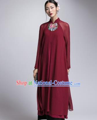 Chinese Traditional Tang Suit Embroidered Wine Red Cheongsam China National Qipao Dress for Women