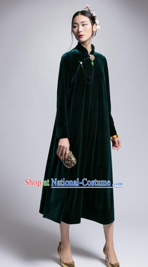 Chinese Traditional Tang Suit Green Velvet Cheongsam China National Qipao Dress for Women