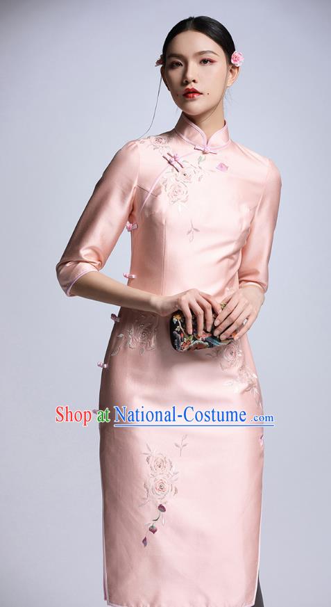 Chinese Traditional Tang Suit Embroidered Pink Cheongsam China National Qipao Dress for Women