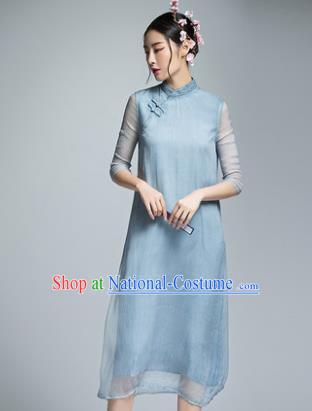 Chinese Traditional Tang Suit Blue Silk Cheongsam China National Qipao Dress for Women