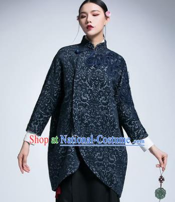 Chinese Traditional Tang Suit Navy Jacket China National Upper Outer Garment Cheongsam Coat for Women