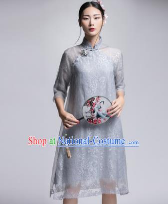 Chinese Traditional Tang Suit Grey Silk Cheongsam China National Qipao Dress for Women