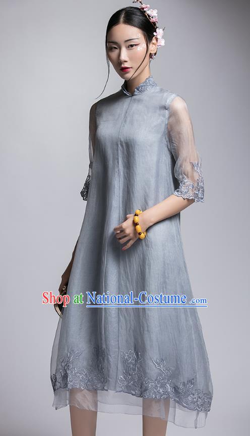 Chinese Traditional Tang Suit Embroidered Grey Organza Cheongsam China National Qipao Dress for Women