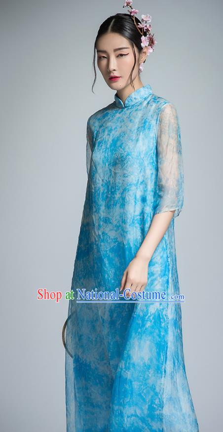 Chinese Traditional Tang Suit Blue Organza Cheongsam China National Qipao Dress for Women