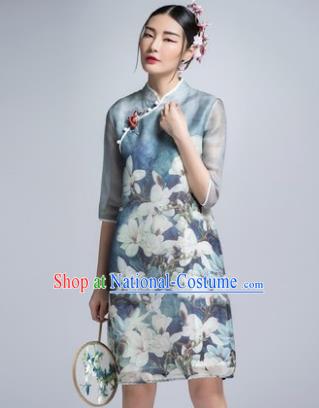 Chinese Traditional Tang Suit Printing Mangnolia Blue Cheongsam China National Qipao Dress for Women