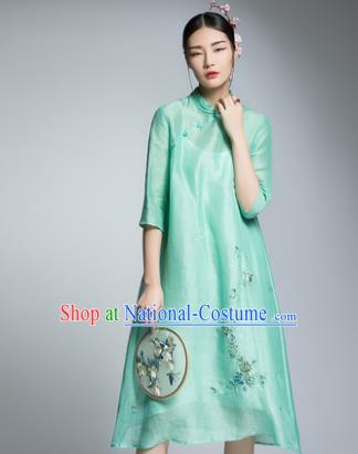 Chinese Traditional Tang Suit Embroidered Green Silk Cheongsam China National Qipao Dress for Women