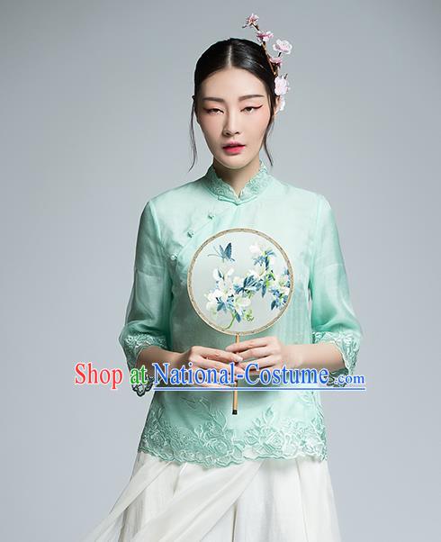 Chinese Traditional Tang Suit Embroidered Green Blouse China National Upper Outer Garment Shirt for Women