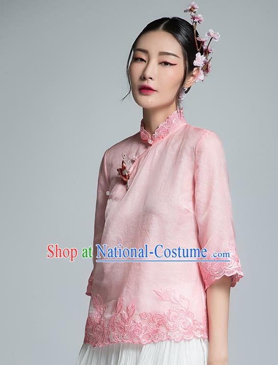 Chinese Traditional Tang Suit Embroidered Pink Blouse China National Upper Outer Garment Shirt for Women