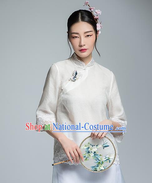 Chinese Traditional Tang Suit Embroidered White Blouse China National Upper Outer Garment Shirt for Women