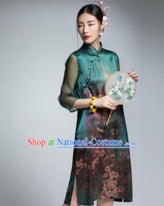 Chinese Traditional Tang Suit Printing Green Silk Cheongsam China National Qipao Dress for Women