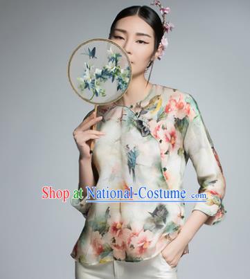 Chinese Traditional Tang Suit Printing Silk Blouse China National Upper Outer Garment Shirt for Women