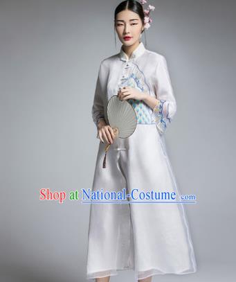 Chinese Traditional Tang Suit White Cheongsam China National Plated Buttons Qipao Dress for Women