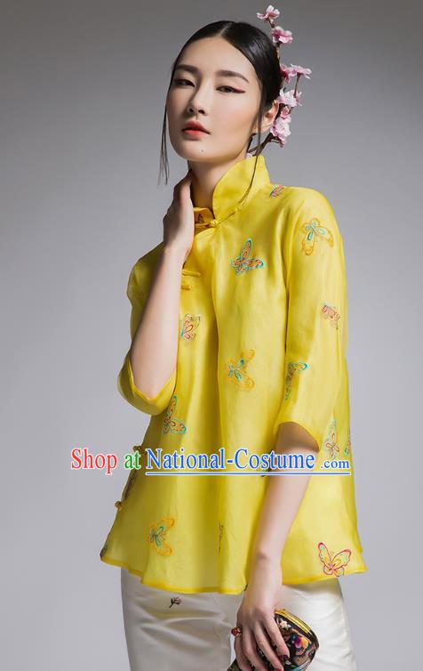 Chinese Traditional Tang Suit Embroidered Butterfly Yellow Blouse China National Upper Outer Garment Shirt for Women