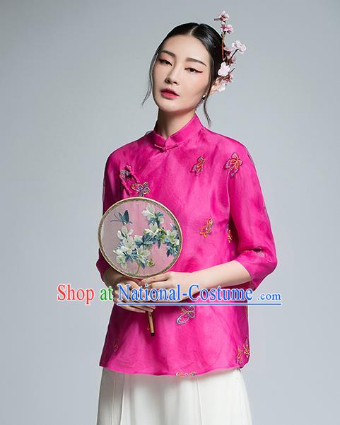 Chinese Traditional Tang Suit Embroidered Butterfly Rosy Blouse China National Upper Outer Garment Shirt for Women