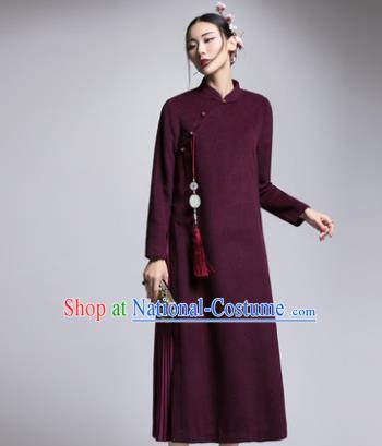 Chinese Traditional Tang Suit Purple Woolen Cheongsam China National Qipao Dress for Women