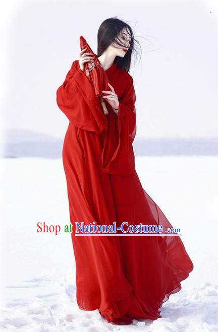 Chinese Jin Dynasty Swordswoman Red Hanfu Dress Ancient Palace Lady Costume for Women