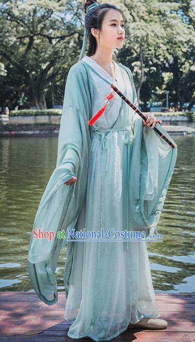 Traditional Chinese Jin Dynasty Swordsman Green Hanfu Dress Ancient Princess Costume for Women