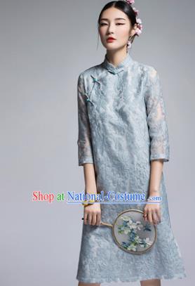 Chinese Traditional Tang Suit Blue Lace Cheongsam China National Qipao Dress for Women