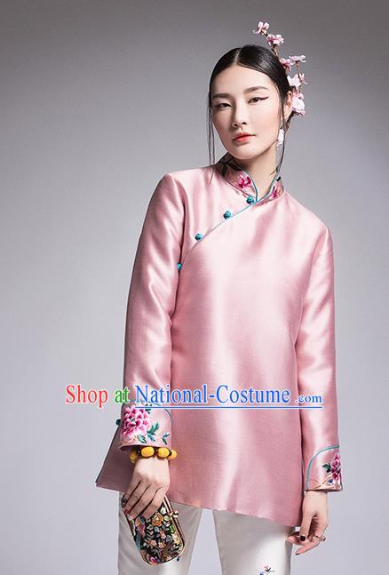 Chinese Traditional Tang Suit Pink Cotton-Padded Jacket China National Upper Outer Garment Coat for Women