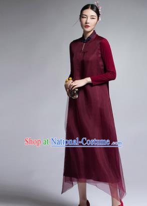 Chinese Traditional Tang Suit Wine Red Cheongsam China National Qipao Dress for Women