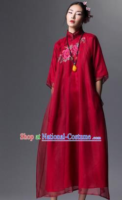 Chinese Traditional Tang Suit Red Cheongsam China National Embroidered Peony Qipao Dress for Women