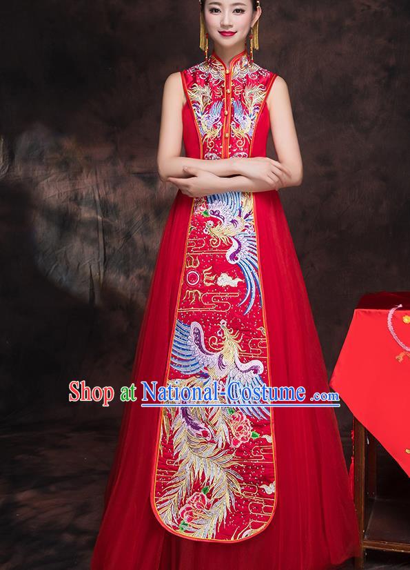 Traditional Chinese Embroidered Phoenix Xiuhe Suit Ancient Wedding Red Dress Toast Cheongsam for Women