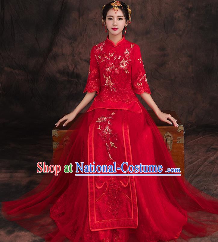 Traditional Chinese Embroidered Flowers Xiuhe Suit Ancient Wedding Red Dress Toast Cheongsam for Women