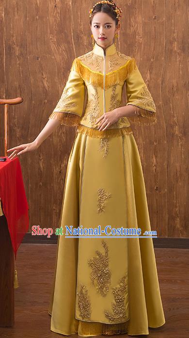 Traditional Chinese Embroidered Yellow Xiuhe Suit Ancient Wedding Dress Toast Cheongsam for Women