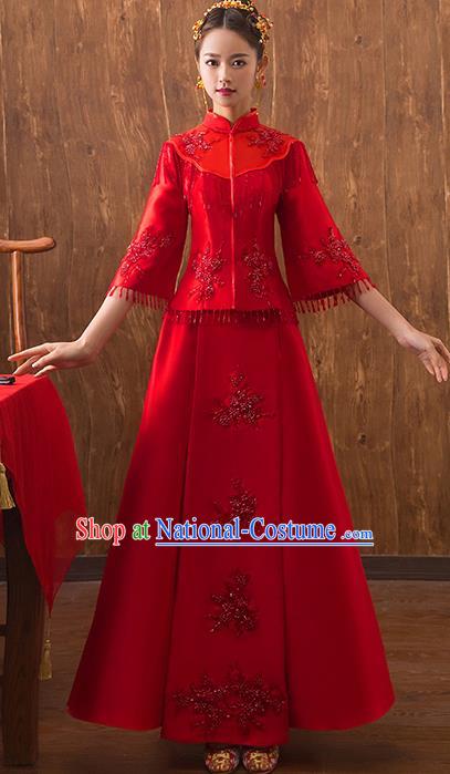 Traditional Chinese Embroidered Red Xiuhe Suit Ancient Wedding Dress Toast Cheongsam for Women