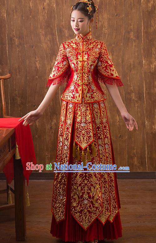 Traditional Chinese Ancient Embroidered Bottom Drawer Xiuhe Suit Wedding Dress Toast Red Cheongsam for Women