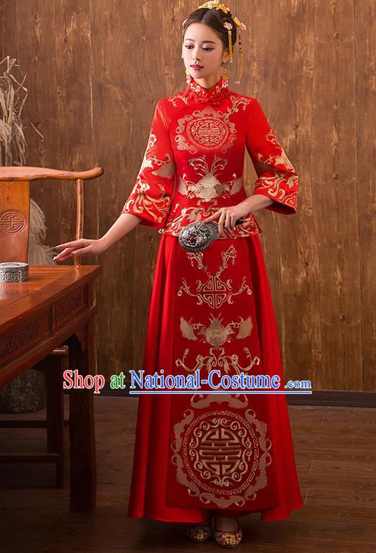 Traditional Chinese Ancient Bottom Drawer Embroidered Bat Xiuhe Suit Wedding Dress Toast Red Cheongsam for Women