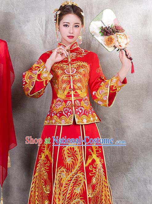 Traditional Chinese Ancient Bottom Drawer Embroidered Phoenix Xiuhe Suit Wedding Dress Toast Red Cheongsam for Women